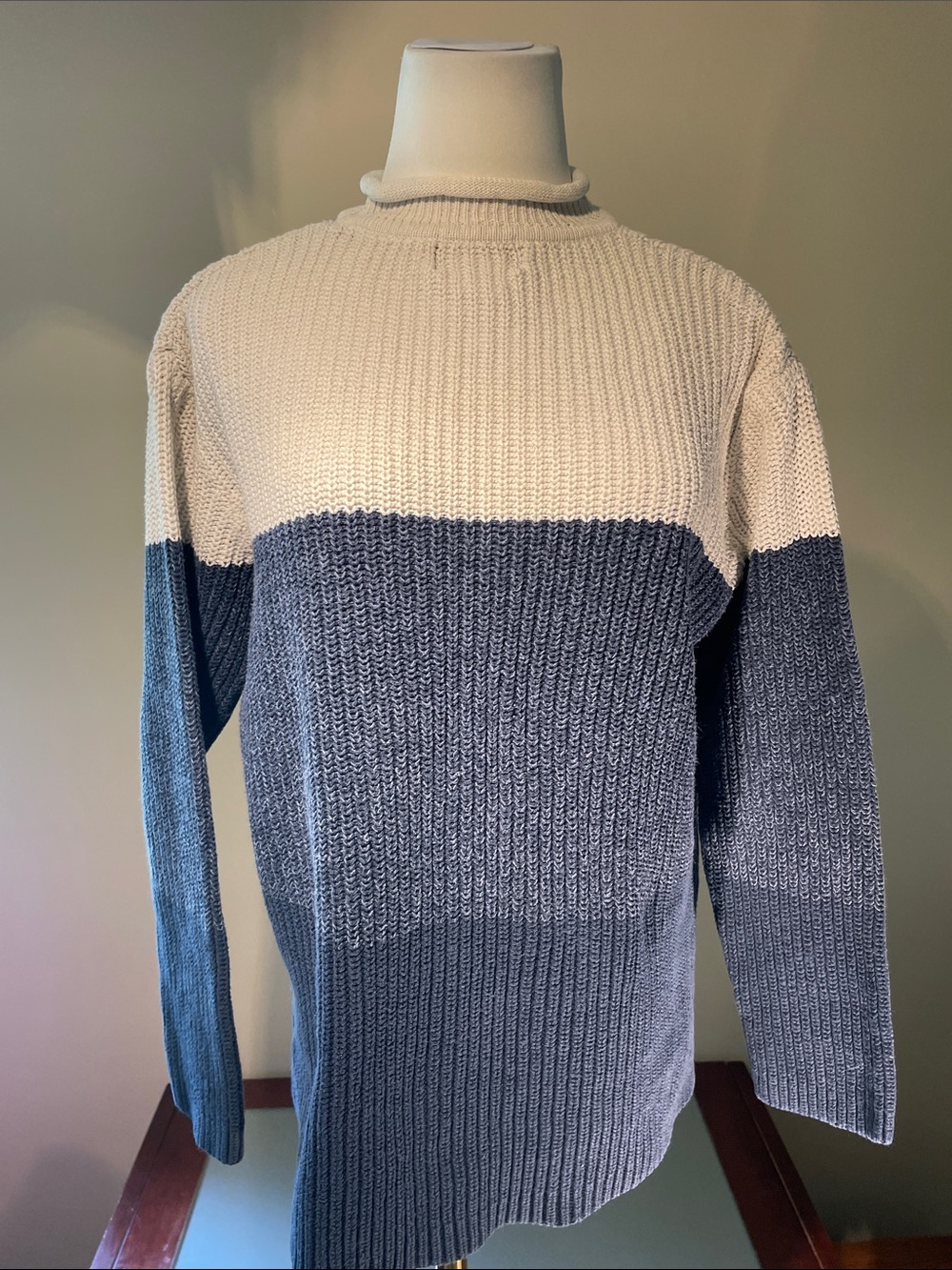 Designers Originals Two-Tone Crewneck Sweater in Cream and Blue | M